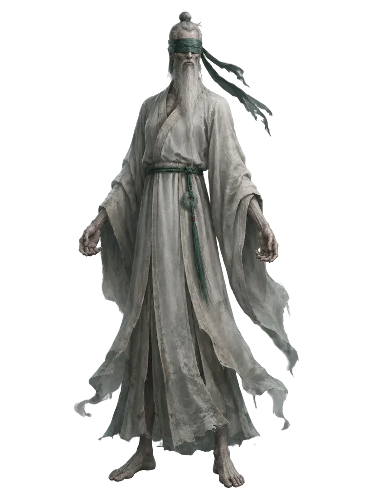 Abbot Hollow, biksu tertua yang sangat jangkung, berjanggut putih panjang, berjubah putih polos, mata tertutup kain giok, kedua tangan terbuka.