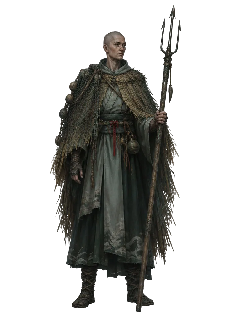 Abbot Sedge, biksu-pendekar perempuan berkepala plontos dengan mantel anyaman alang-alang, jala di bahu, dan tombak ikan bermata tiga.