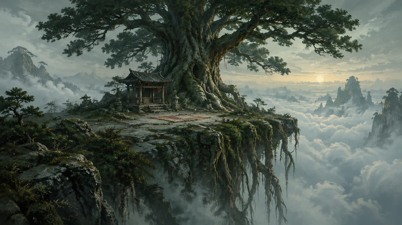 Cloudroot. Puncak di atas lautan awan dengan satu pohon tua raksasa yang akarnya menggantung ke bawah tebing, dan pondok kecil yang kosong.