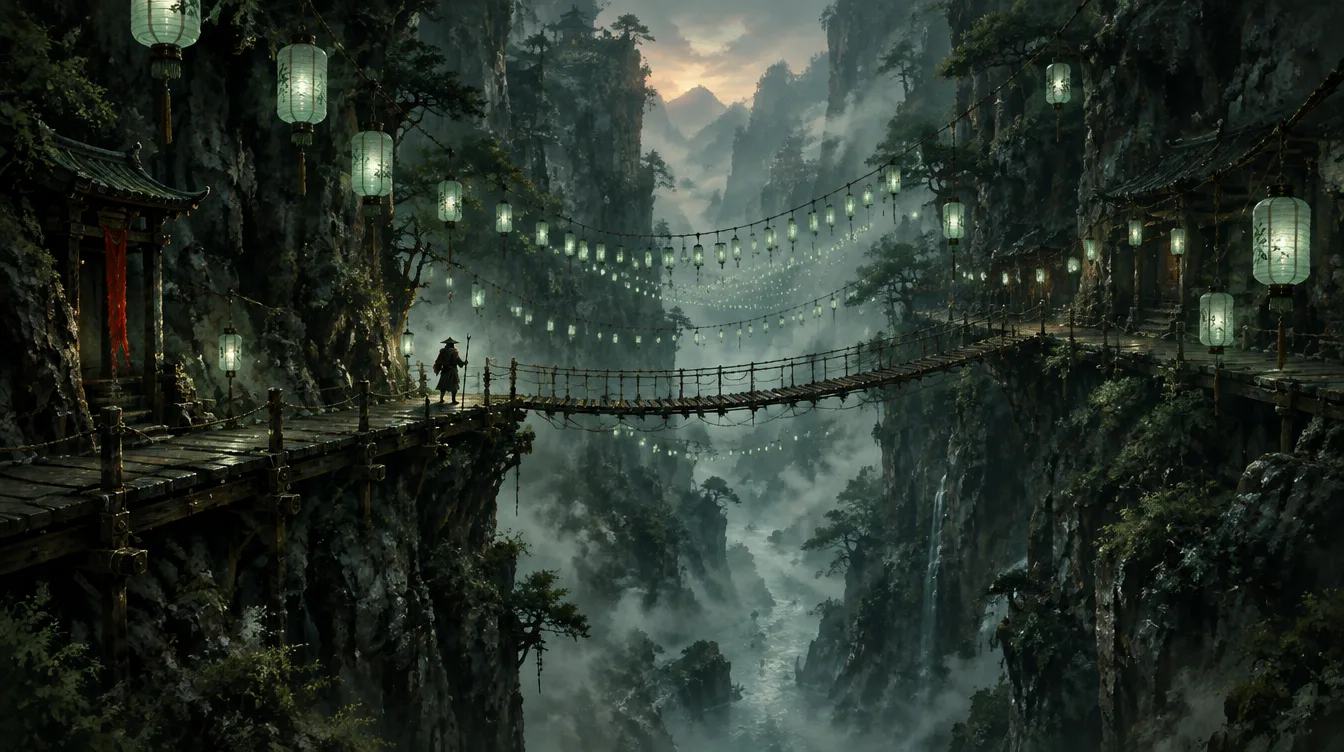 Lantern Gorge saat senja. Ratusan lampion kertas hijau giok tergantung di tali antara dua tebing, dengan jalan papan dan jembatan tali.