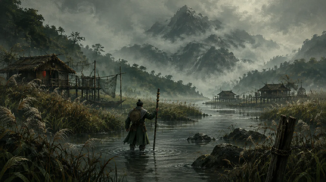 The Bearer berdiri di sungai dangkal Reedwater dengan tongkat di tangan. Gubuk nelayan bertiang dan alang-alang di kedua tepi, gunung di kejauhan.