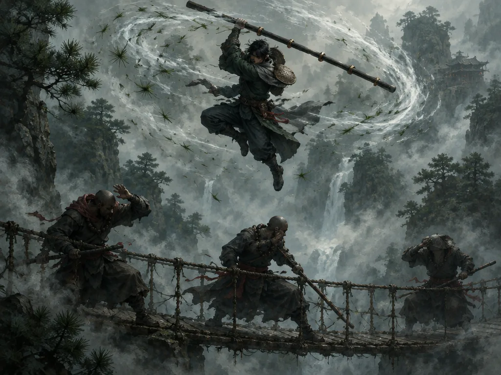 The Bearer melayang di atas jembatan tali, tongkat berputar di atas kepala dan menyeret kabut menjadi pusaran. Tiga biksu perampok bertahan di bawahnya.